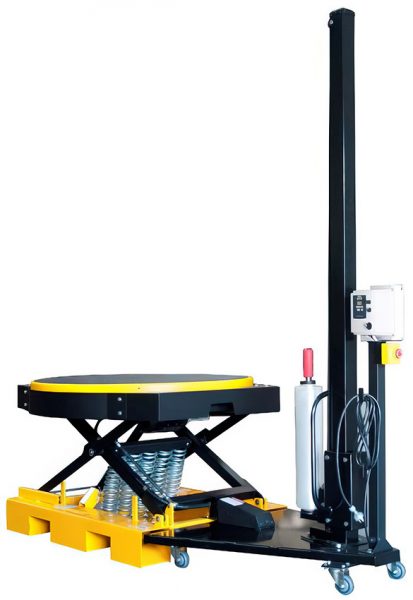 Complete stretch wrapper spring elevated unit with powered rotating top and mast assembly