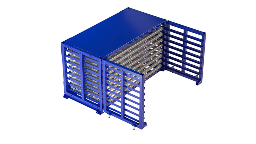 Horizontal rack storing aluminium, stainless steel, and metal sheets