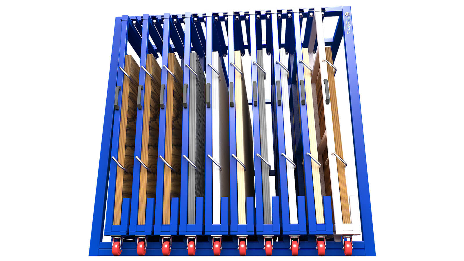 Front view of the vertical sheet metal storage rack showing compact and durable design